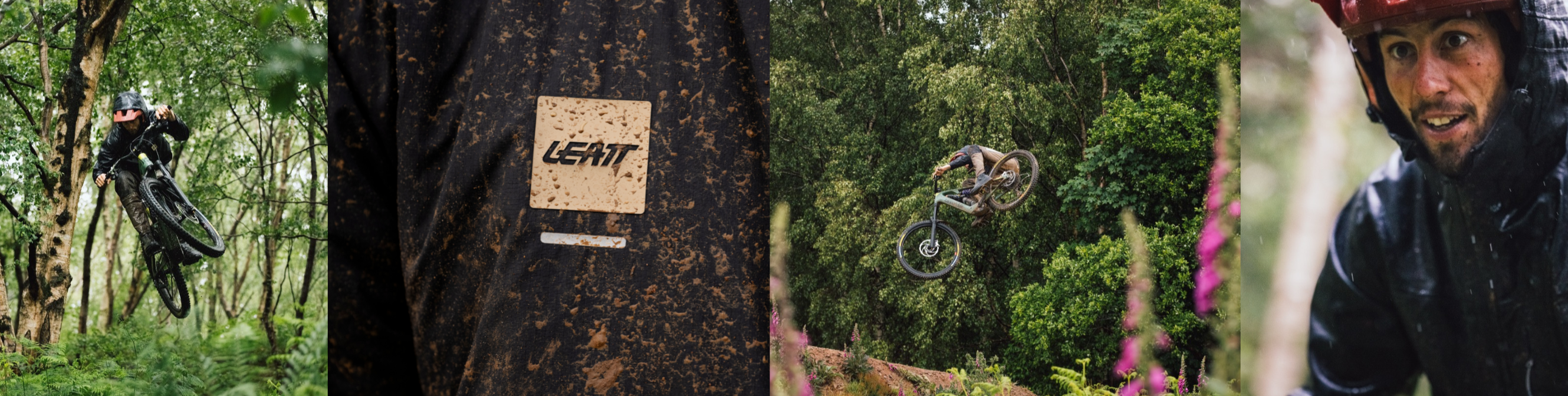 Biker in action with Leatt brand logo on a tree, surrounded by forest.