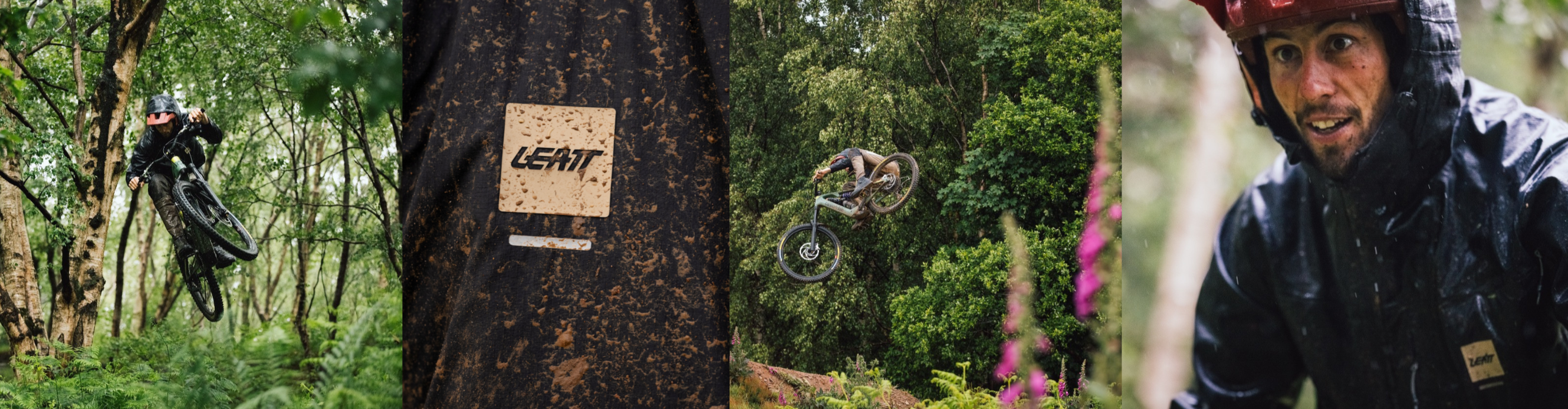 Biker in action with Leatt brand logo in a forest setting