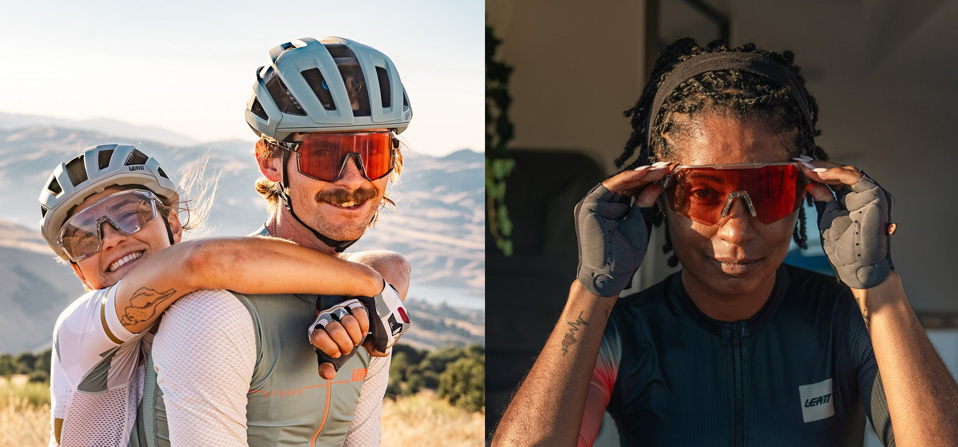 Two cyclists hugging outdoors with a scenic background, followed by a close-up of a cyclist adjusting their sunglasses.
